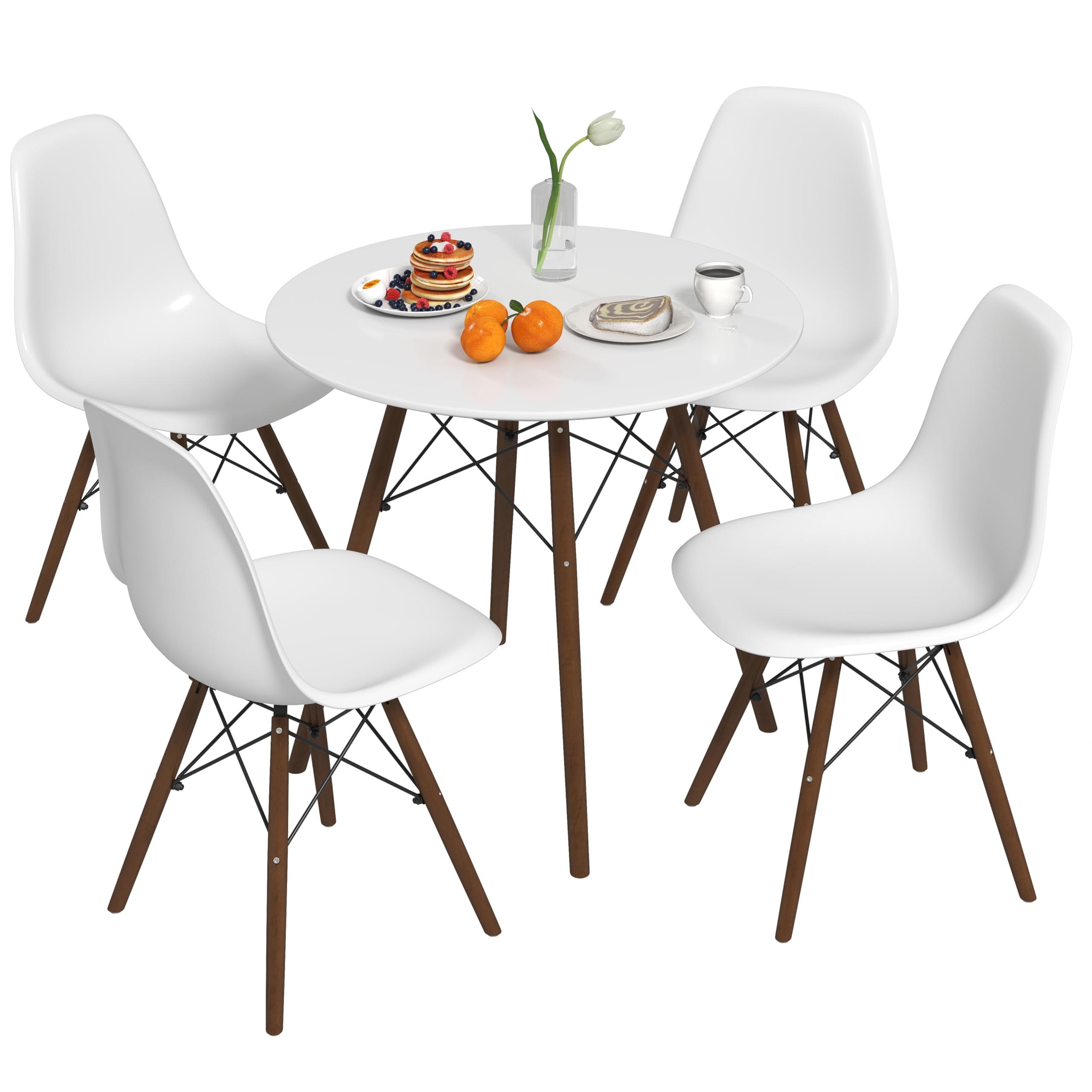 Tangkula Round Dining Table Set for 4 with Ergonomic Seat & Solid Wood Legs